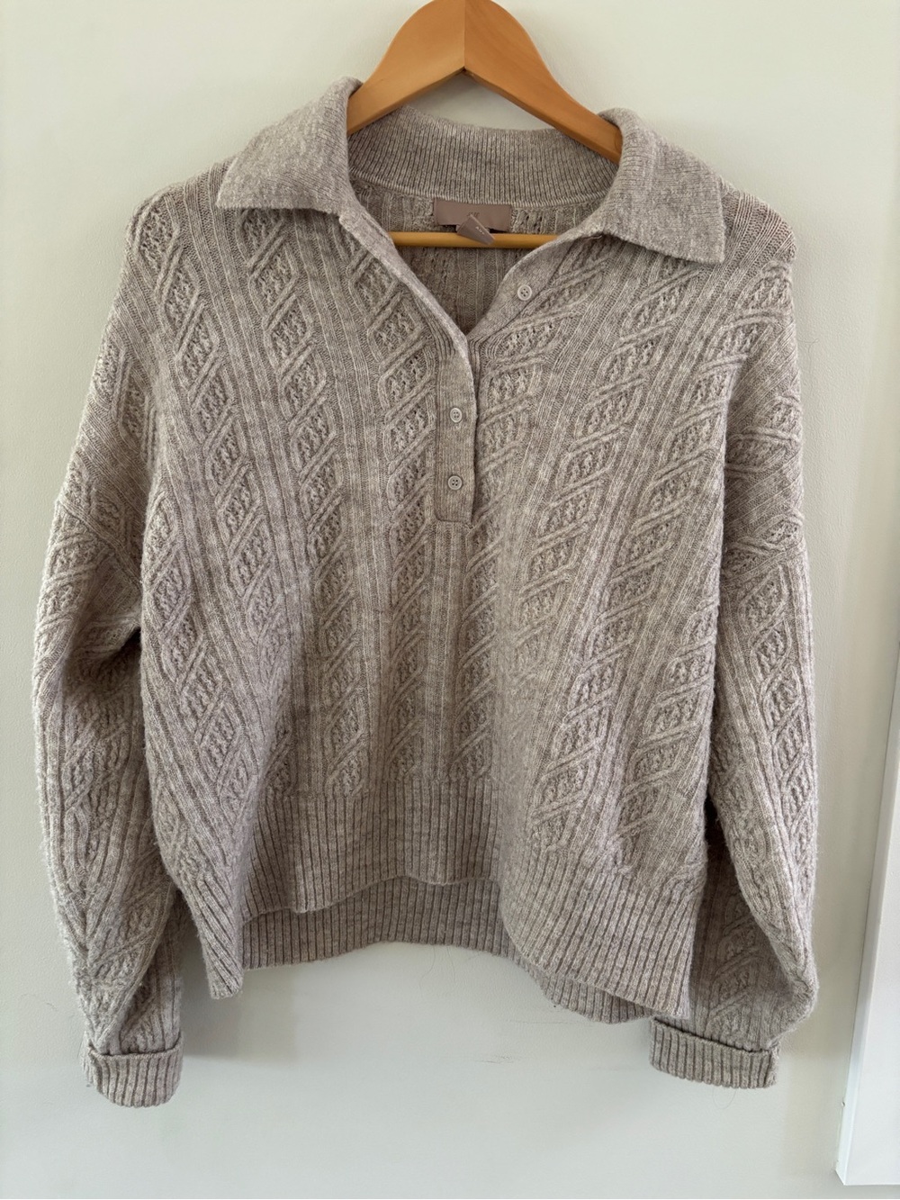 H&M Taupe Cable-Knit Collared V-Neck Sweater